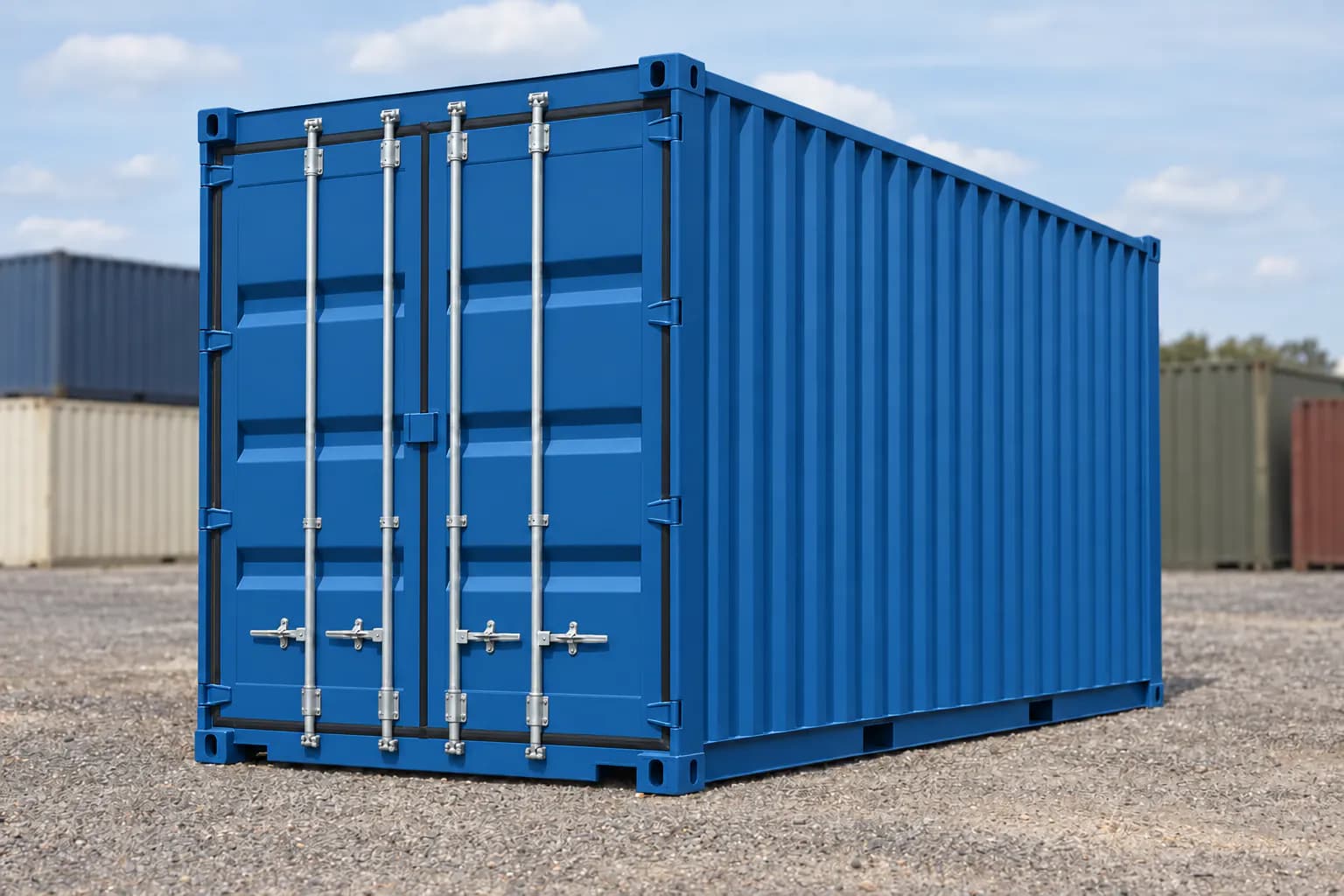Conteneur 20 pieds High Cube premier voyage bleu gentiane RAL 5010