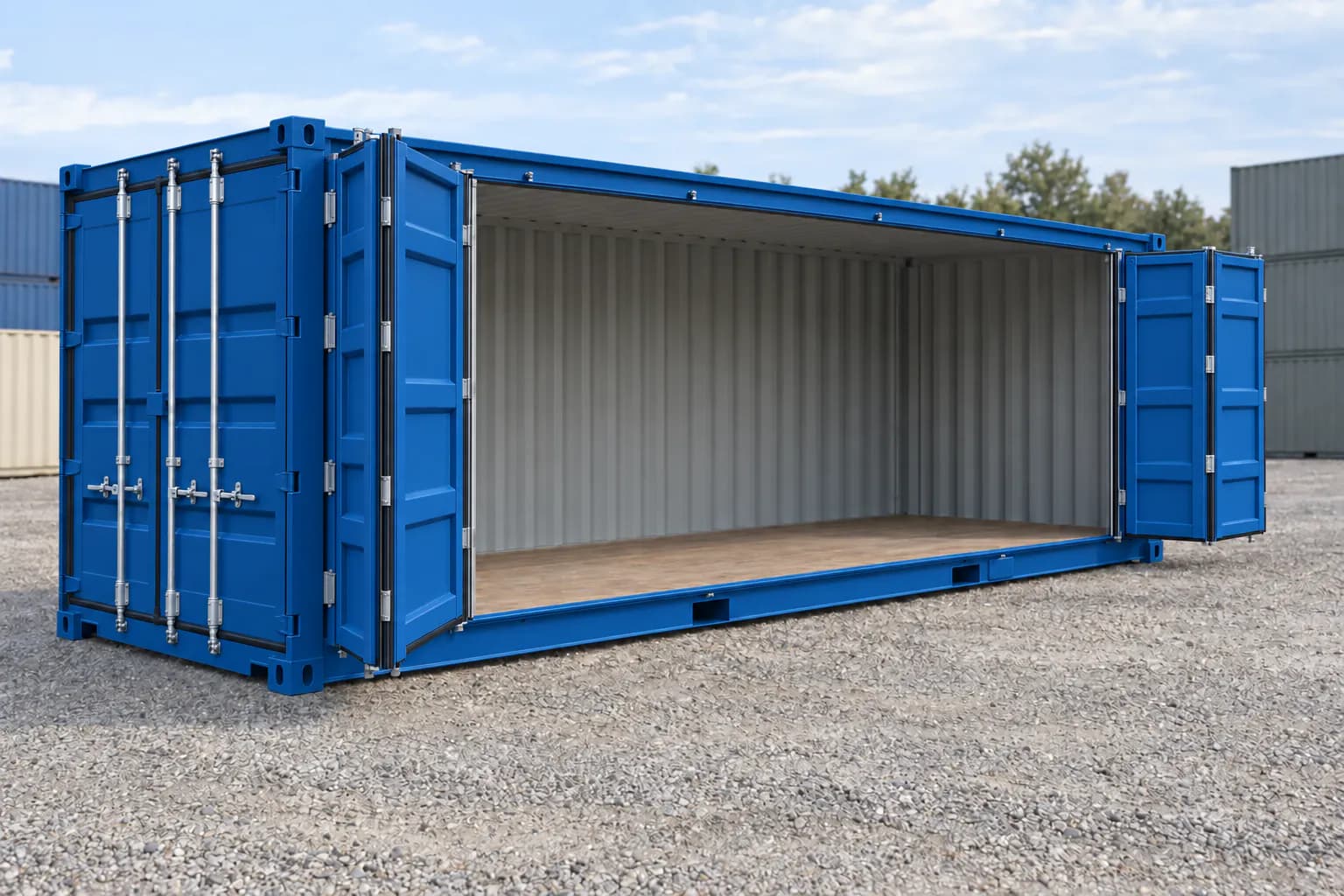 Conteneur 20 pieds Open Side premier voyage bleu gentiane RAL 5010