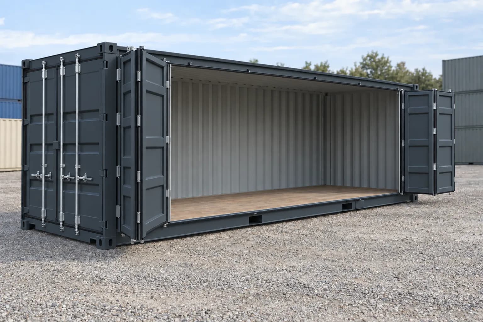 Conteneur 20 pieds Open Side premier voyage gris anthracite RAL 7016