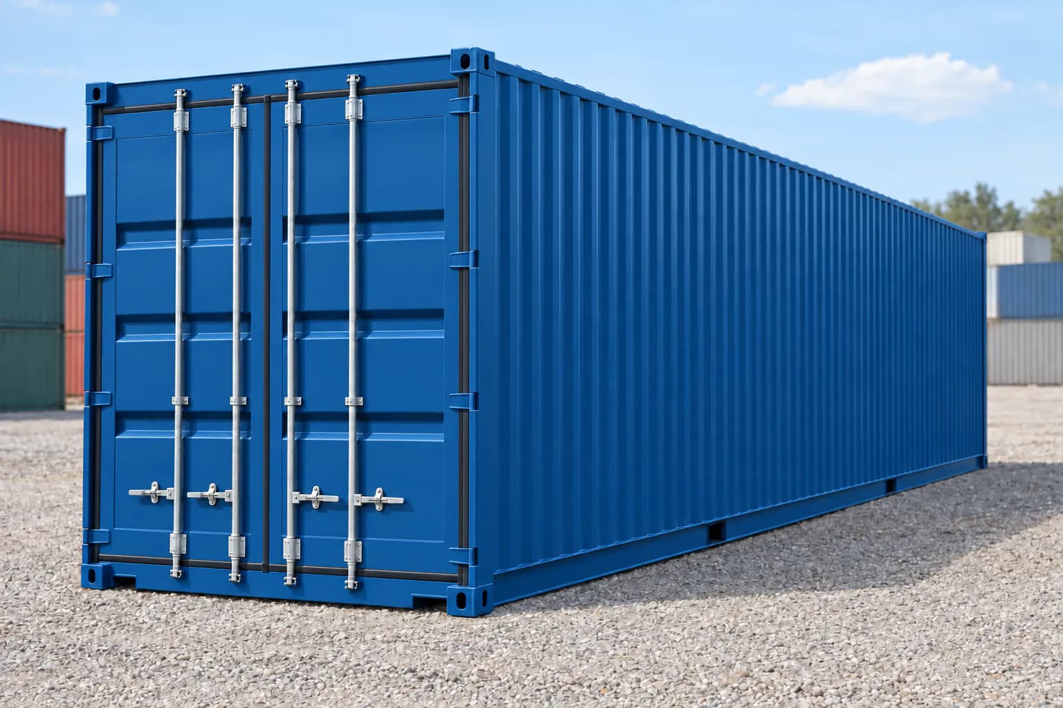 Conteneur 40 pieds High Cube premier voyage bleu gentiane RAL 5010