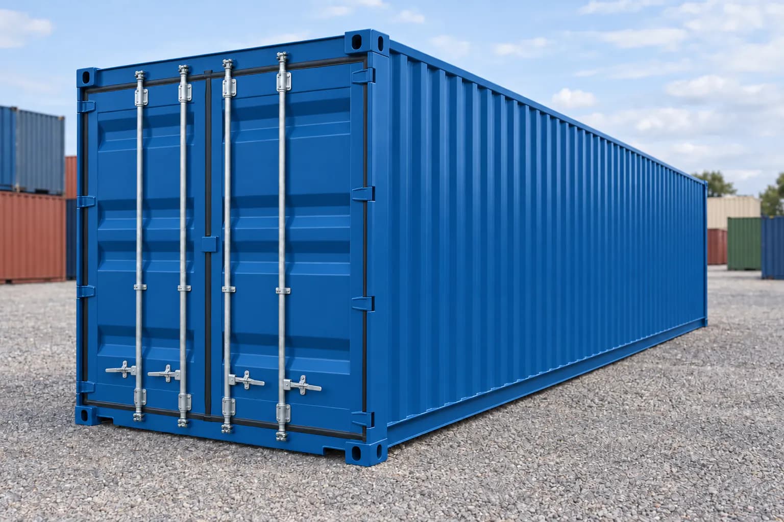 Conteneur 40 pieds Dry premier voyage bleu gentiane RAL 5010