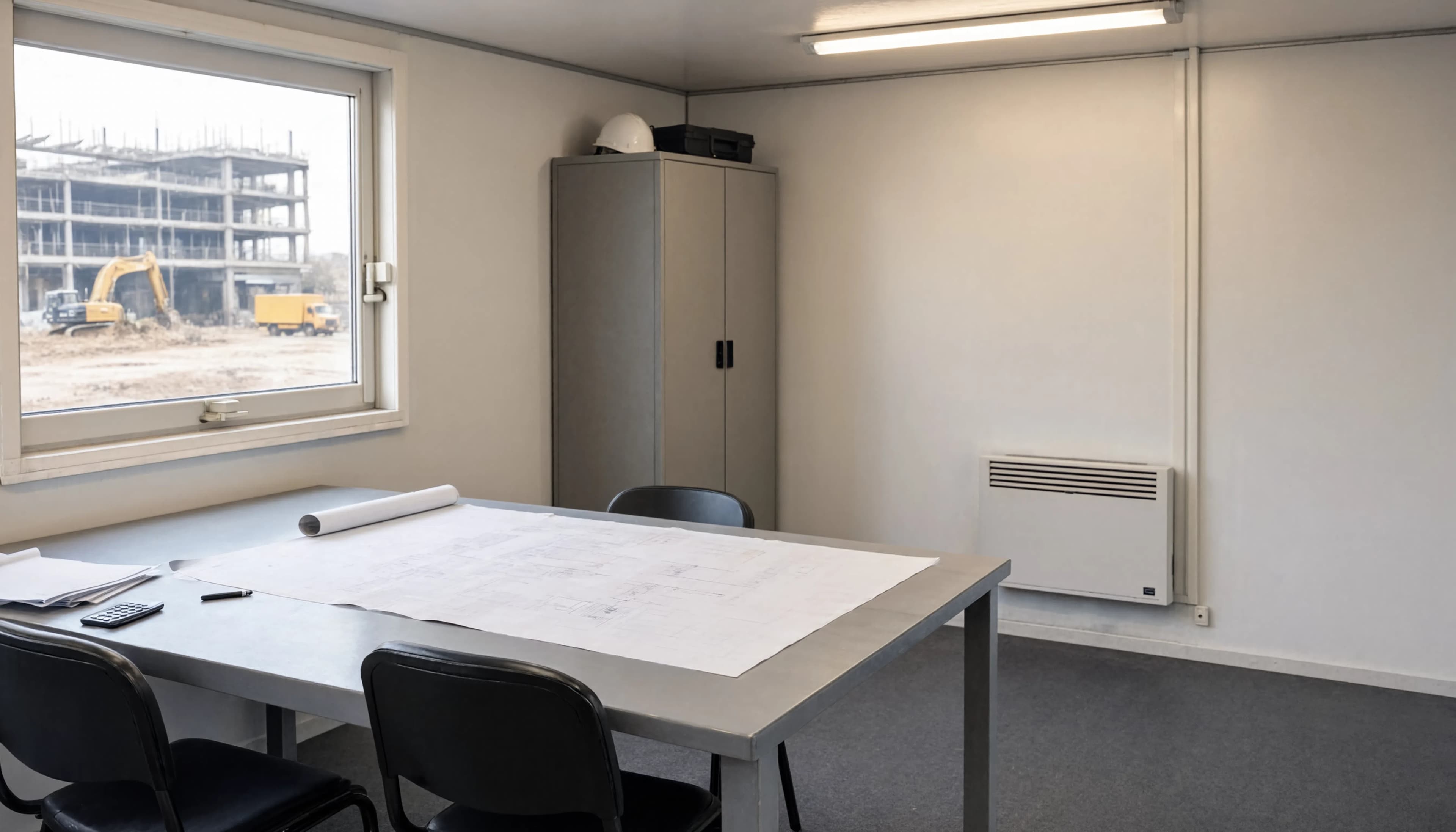 Illustration d’un espace de travail modulaire avec mobilier, fenêtre et chauffage ; aménagement à définir pour chaque conteneur