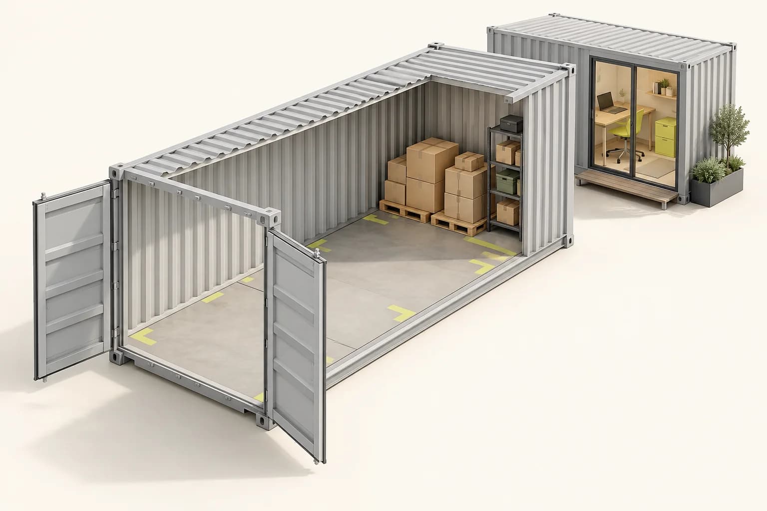 Illustration en coupe d’un conteneur de stockage avec palettes et cartons, près d’un module aménagé