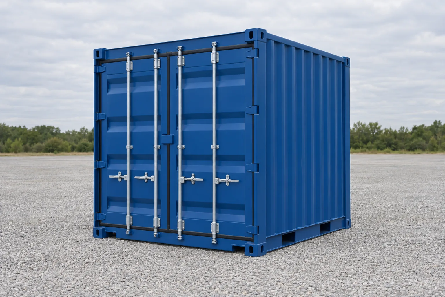 Illustratie van een 10 voet blauwe zeecontainer gezien vanuit driekwart, kort en bijna net zo hoog als lang, deuren gesloten. Aangegeven afmetingen: hoogte 2,59 m, breedte 2,44 m, lengte 2,99 m