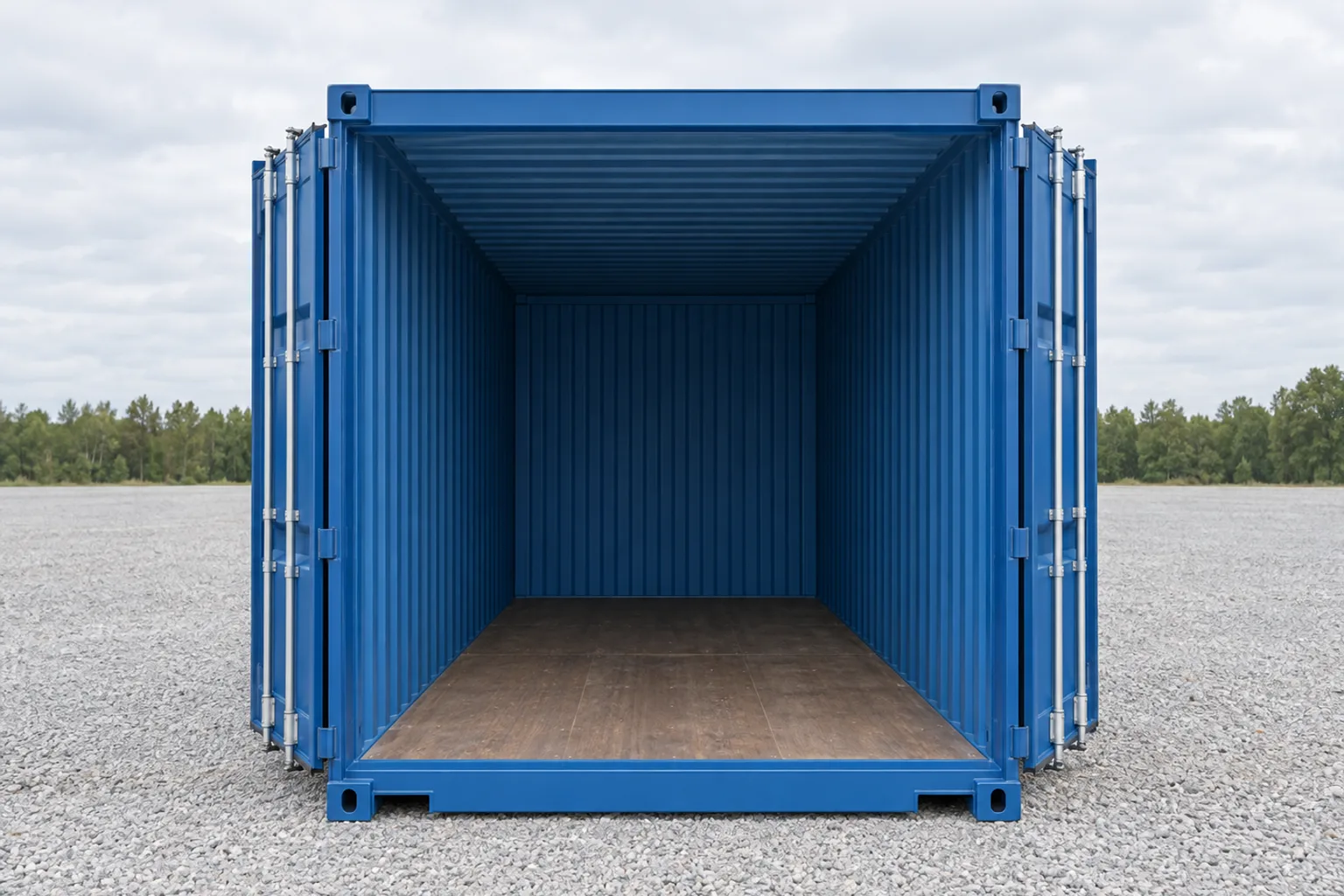 Illustratie van een blauwe standaard 20-voetcontainer gezien vanaf de voorkant, beide deuren open in een leeg interieur met een houten vloer. Aangegeven afmetingen: breedte van de deurdoorgang 2,34 m, doorgangshoogte deur 2,29 m