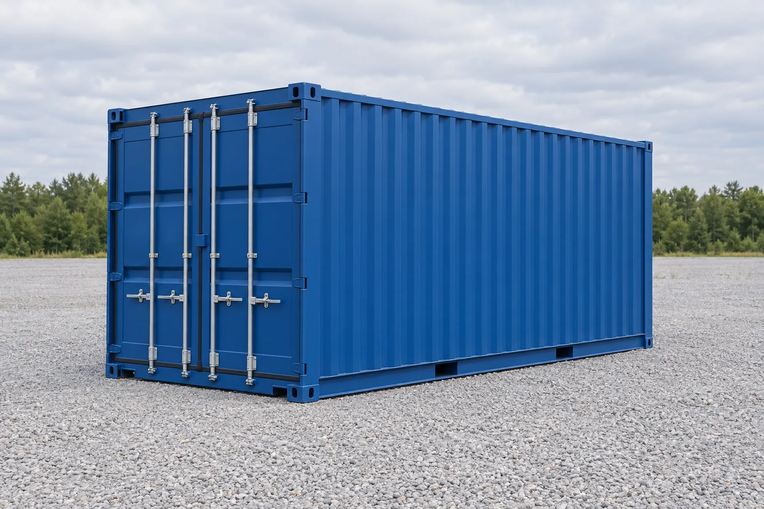 Illustratie van een standaard 20 voet blauwe zeecontainer gezien vanuit driekwart, deuren gesloten, geplaatst op een grindterrein. Aangegeven afmetingen: hoogte 2,59 m, breedte 2,44 m, lengte 6,06 m
