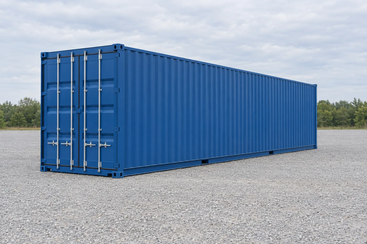 Afbeelding van een blauwe 40 voet High Cube zeecontainer, hoger dan standaard, gezien vanuit driekwart, deuren gesloten. Aangegeven afmetingen: hoogte 2,90 m, lengte 12,19 m