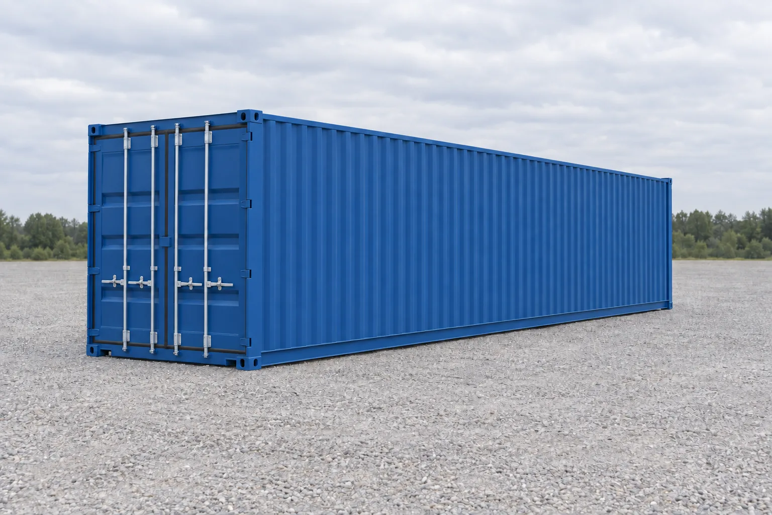 Illustratie van een standaard 40 voet blauwe zeecontainer gezien vanuit driekwart, gesloten deuren en lange golfplaten zijde. Aangegeven afmetingen: hoogte 2,59 m, breedte 2,44 m, lengte 12,19 m