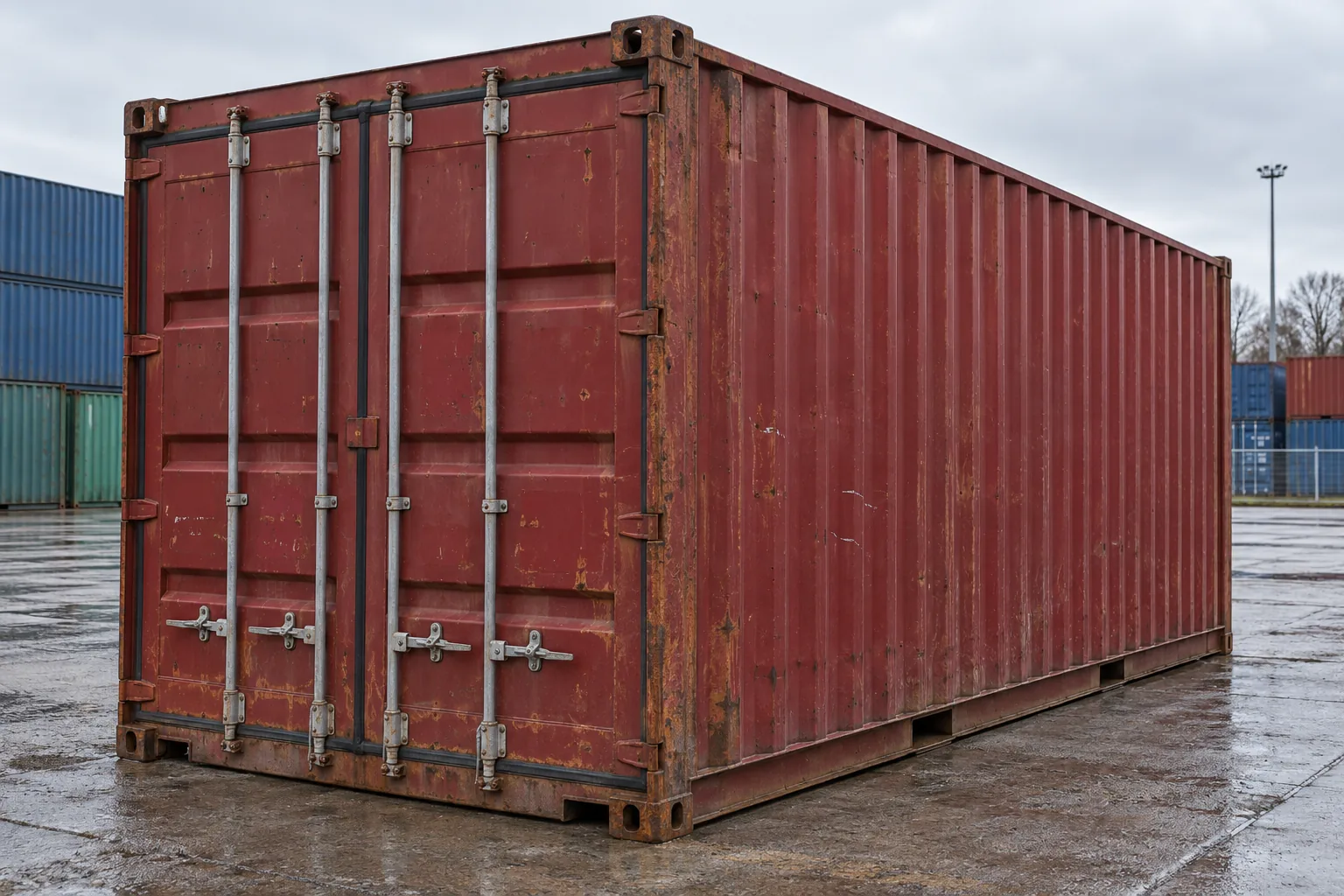 Gebruikte zeecontainer met gebruikssporen op het plaatwerk