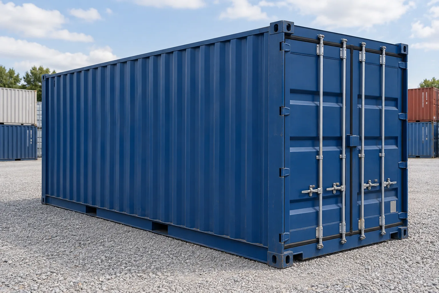 Gesloten zeecontainer, geplaatst op een buitenterrein