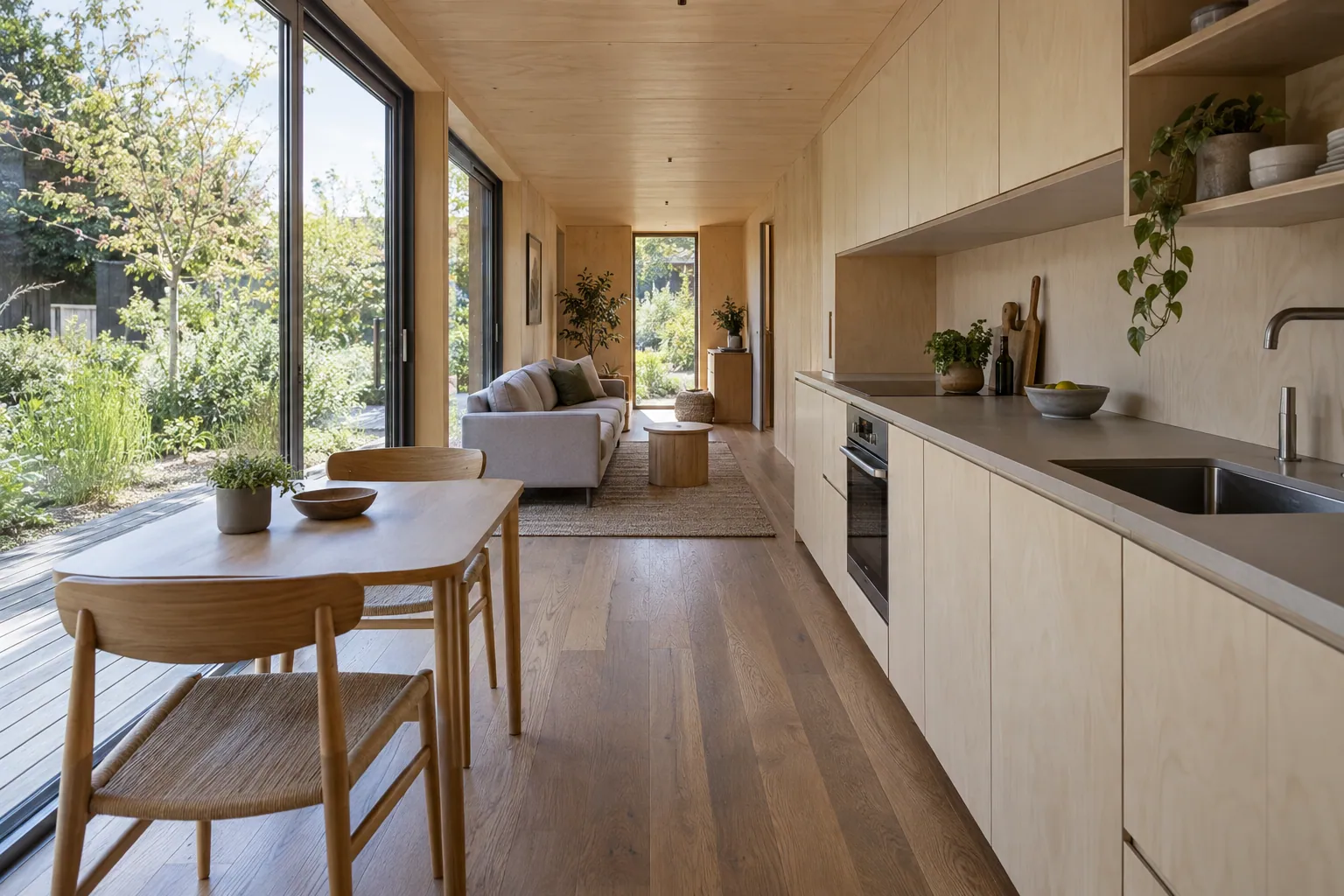 Illustration de l’intérieur d’une maison container : séjour et cuisine en longueur, parois en bois clair, grande baie vitrée ouverte sur le jardin