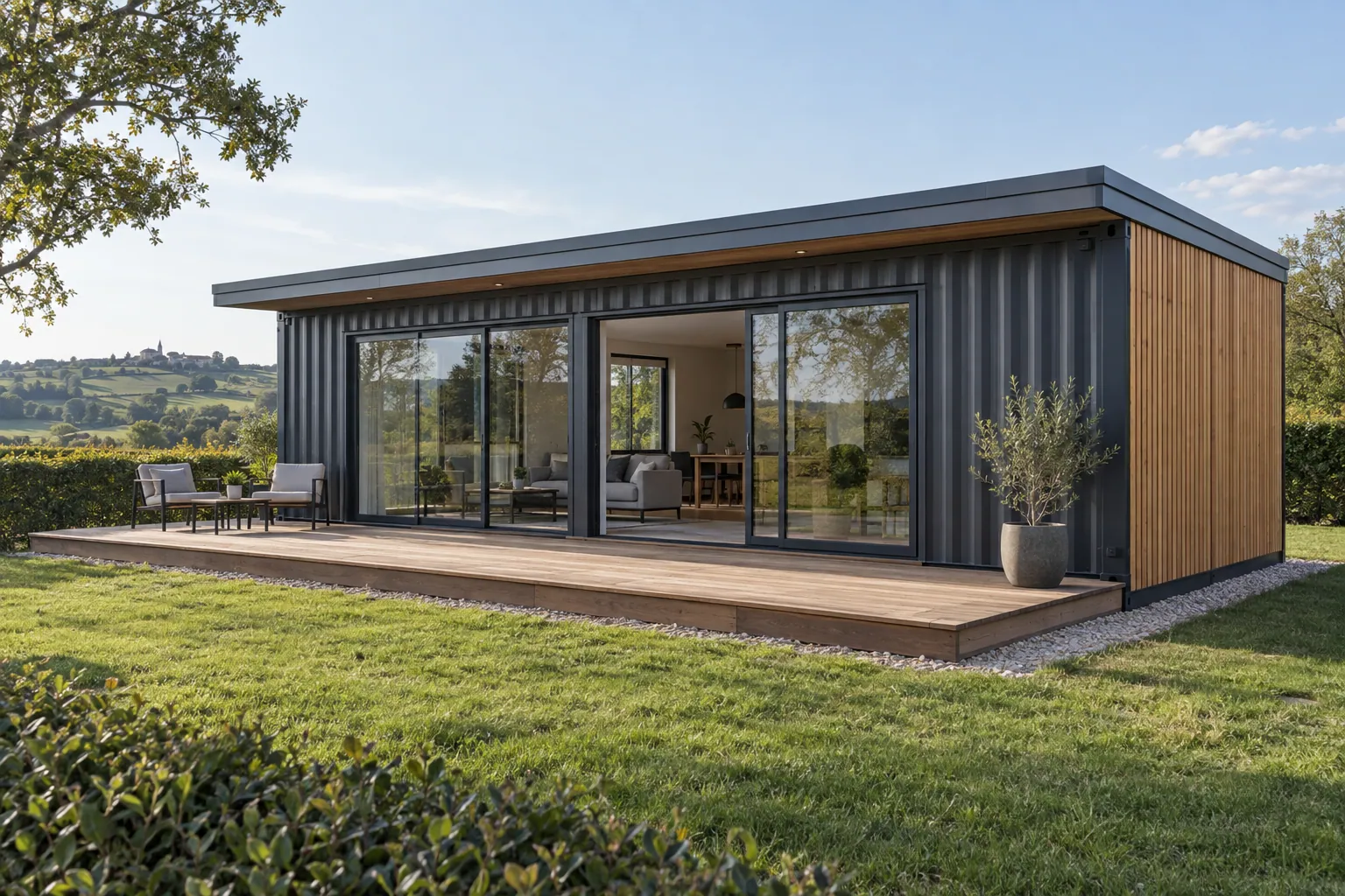 Illustration d’une maison container de plain-pied en conteneurs gris anthracite, avec de grandes baies vitrées, un bardage bois et une terrasse sur un terrain à la campagne