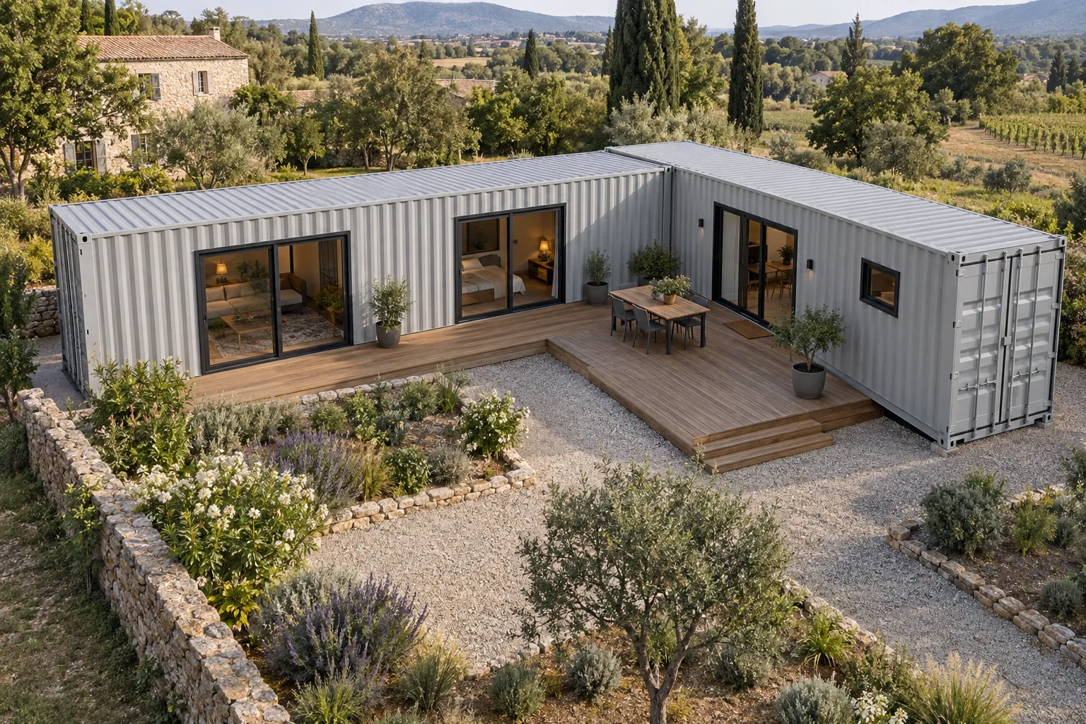 Illustration vue d’en haut d’une maison container en L, conteneurs gris clair autour d’une terrasse en bois, dans un jardin méditerranéen