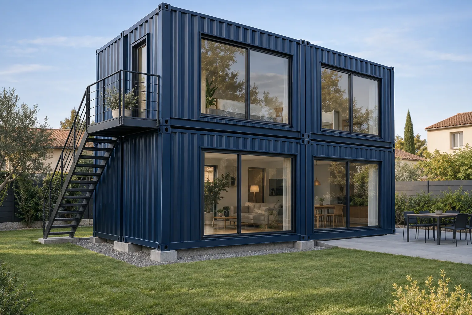 Illustration d’une maison container sur deux niveaux, conteneurs bleu foncé empilés, grandes fenêtres, escalier extérieur métallique et balcon, sur un terrain en lotissement