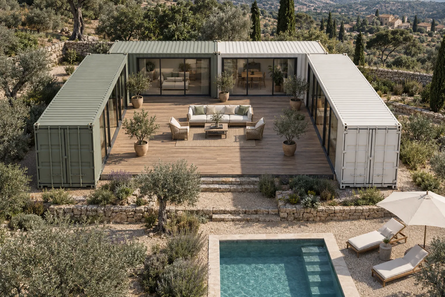 Illustration vue d’en haut d’une maison container en U, conteneurs verts et blancs autour d’un patio en bois, avec une piscine au premier plan