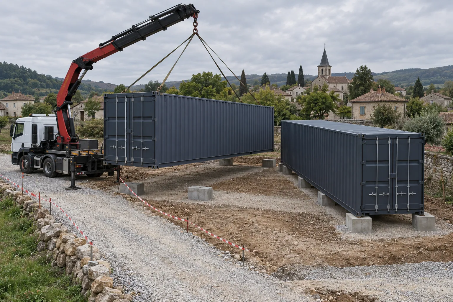 Illustration de la livraison d’un conteneur sur un terrain à bâtir : un camion grue le dépose sur des plots de fondation en béton, un second conteneur est déjà posé