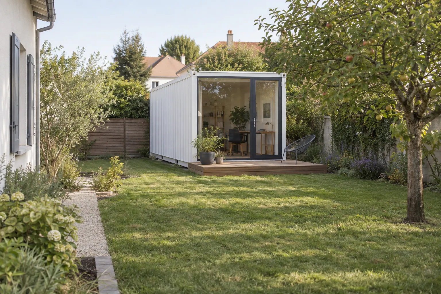 Illustration d’un studio de jardin dans un conteneur blanc, façade vitrée et petite terrasse en bois, au fond du jardin d’une maison