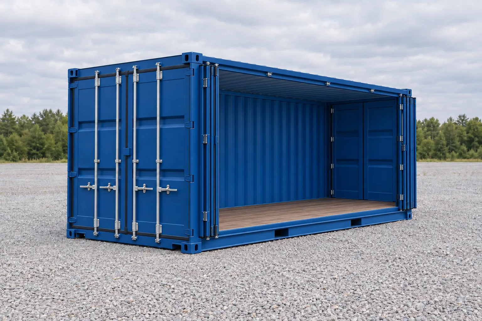 Illustratie: 20ft Open Side zeecontainer met geopende zijwand. Getoonde maten: hoogte 2,59 m, zijopening ≈ 5,70 m
