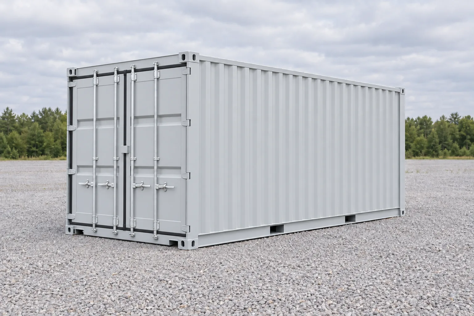 Illustratie: Nieuwe one-trip zeecontainer met gesloten deuren. Getoonde maten: hoogte 2,59 m, breedte 2,44 m, lengte 6,06 m