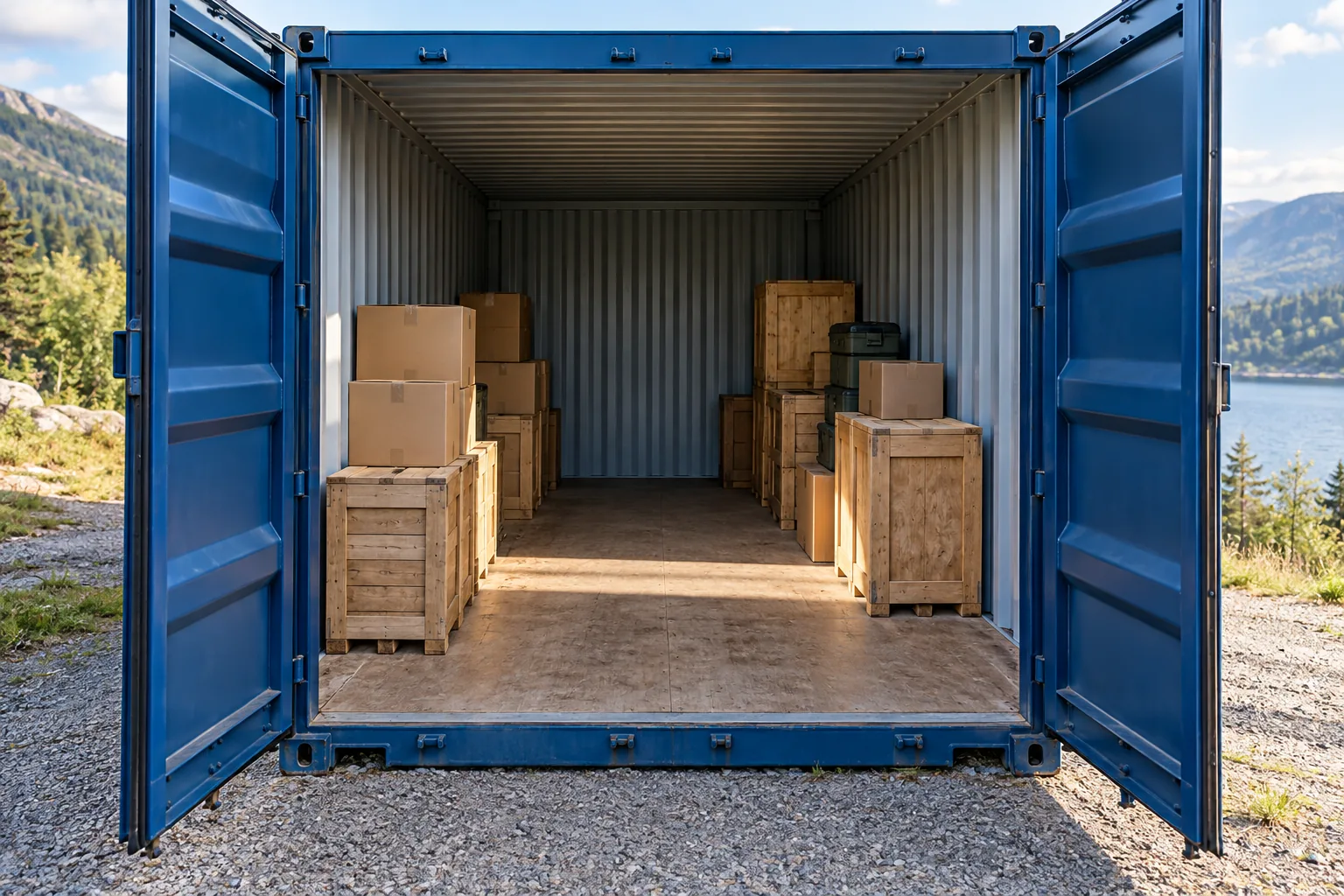 Open opslagcontainer met dozen en houten kisten